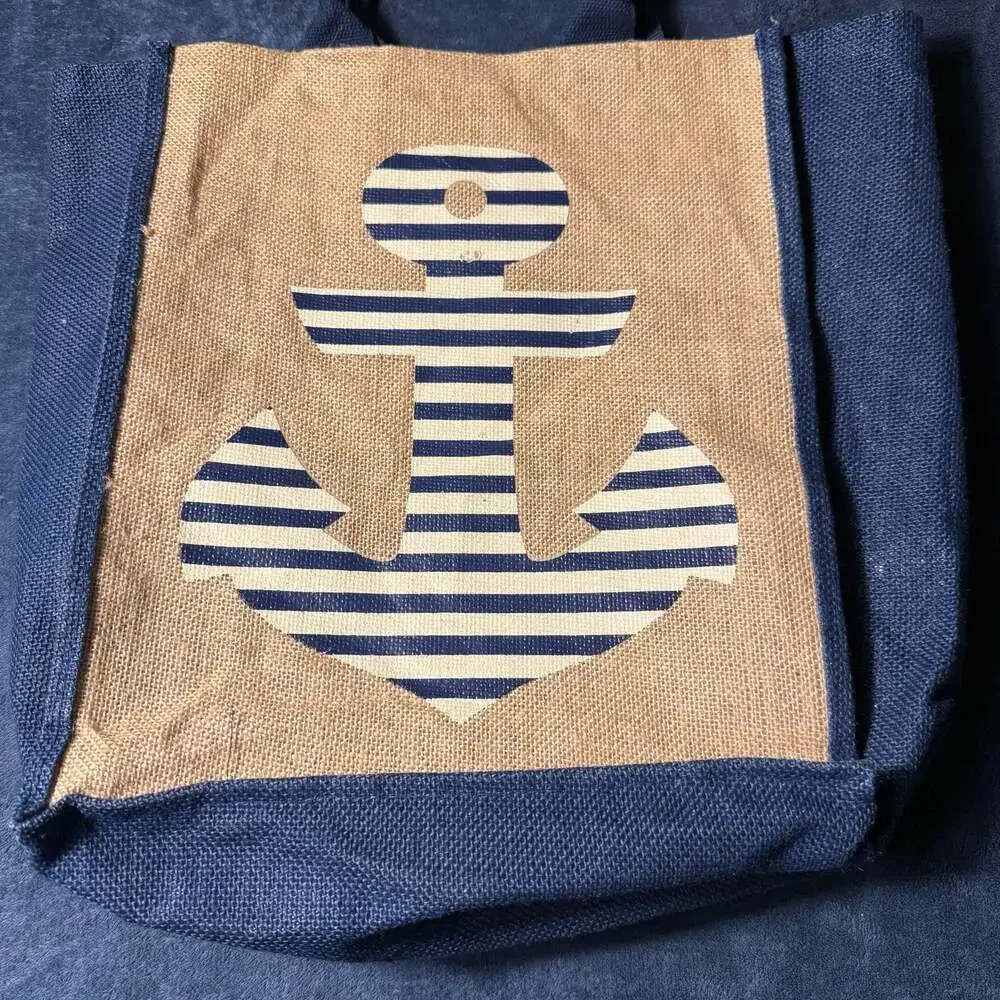 Nautical Anchor Print Natural Jute and Navy Burlap Beach Tote Bag